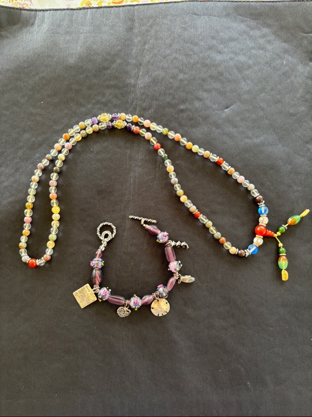 Handmade Purple Glass Bead Charm Bracelet and Multicolor Bead Necklace